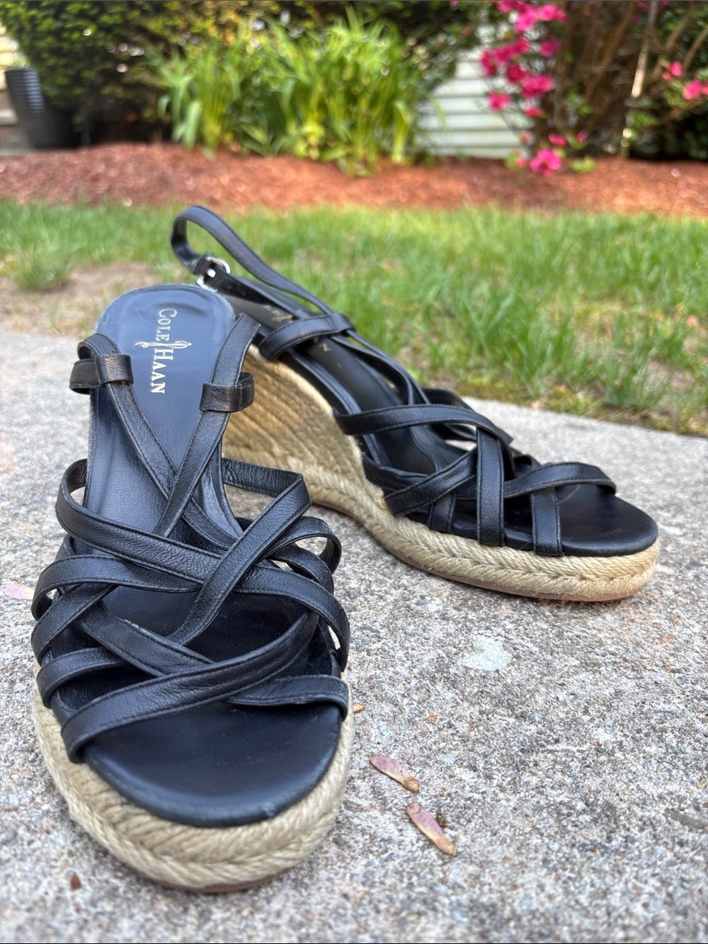 Cole Haan Black Leather Espadrille Wedge Sandals